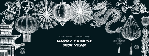 China style web banner template. Chinese New Year background design on chalkboard. Hand-drawn vector illustration. NOT AI generated